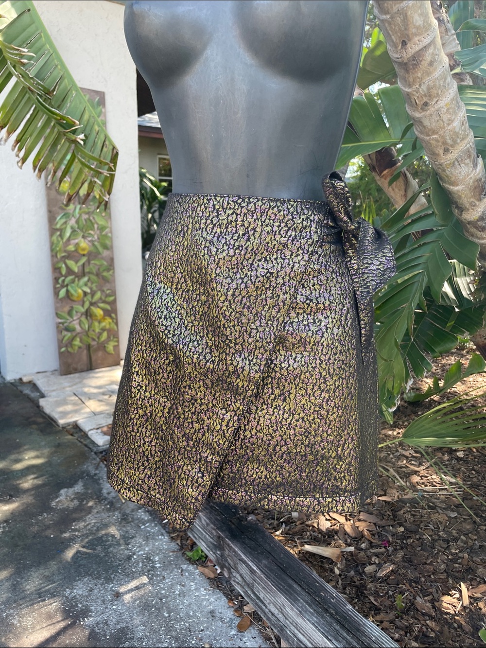 Express golden pink brocade animal print skirt with bow waist